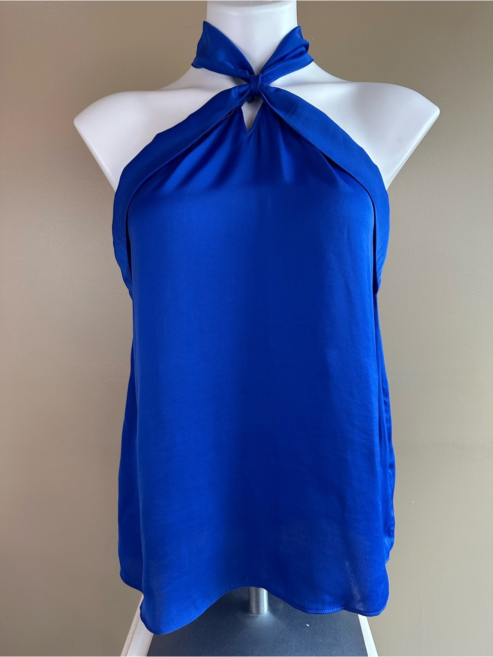 Naked Zebra Royal Blue Satin Halter Top Medium Tie Neck Keyhole Blouse Silky